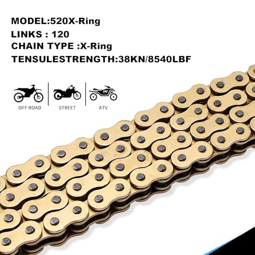 Image of Gold 520 X-Ring Motorcycle Chain 120 Links for Honda Kawasaki with Connecting Master Link - Enhanced Durability & Universal Fit
