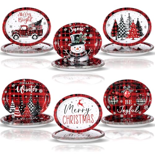 Image of Fourluoo 96 Pcs Christmas Paper Plates Disposable 9 Inch Red and Black Buffalo Plaid Dessert Cake Dinner Plates Bulk for Xmas Holiday Party Favor Supplies