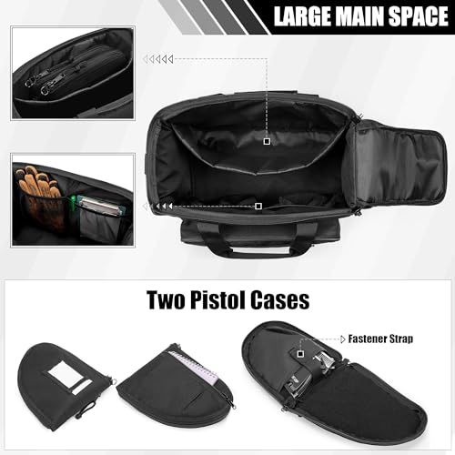 GOBUROS Taktische Schießstandtasche für 2 Handfeuerwaffen und Munition, Pistolentasche mit 12 Magazinfächern, Waffentragetasche mit abschließbaren Reißverschlüssen und gepolstertem Schultergurt