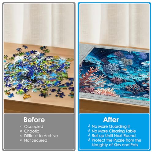 Puzzle Matte, Puzzlematte für BIS 500 1000 1500 Puzzle Teile, Puzzleunterlage zum Rollen, Jigsaw Puzzles Storage Felt Mat, Puzzle Pad mit 4 Puzzle Sortierer, Tragbare Puzzle Rolle (46 * 26In)