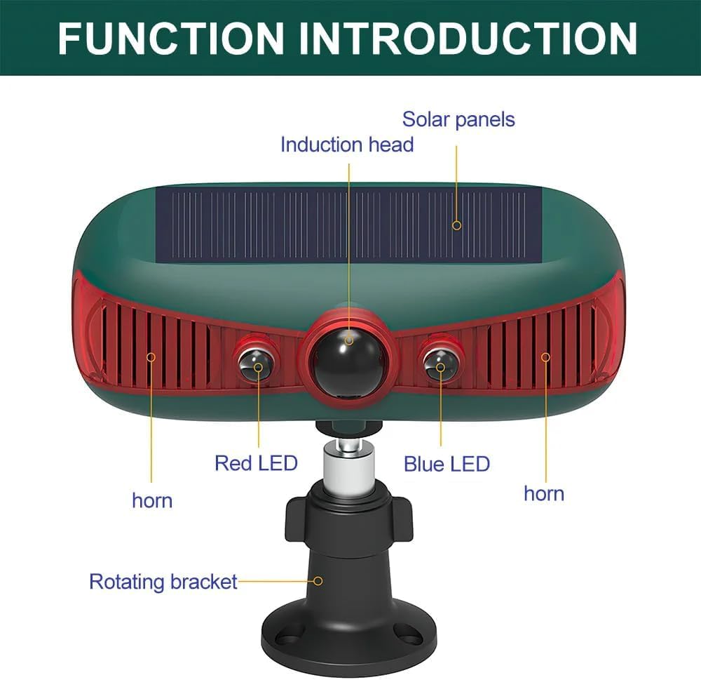 Alarma solar sensor de movimiento al aire libre, altavoz dual de 129 dB, sistema de alarma de seguridad de sonido 13 impermeable, luz estroboscópica de advertencia, casa granja huerta granero