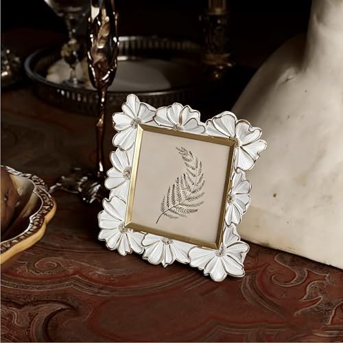 Image of Antique Floral Picture Frame - Resin & Glass Victorian-Style Frame for Tabletop or Wall Decor (White, 4 inch x 4 inch)
