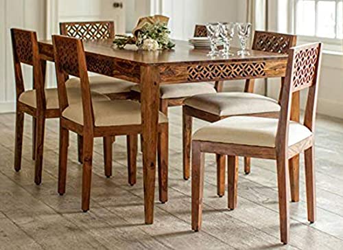 Image of Solid Sheesham Wood 6 Seater Dining Table Set with Cushioned Chairs for Dining Room | Living Room | Home & Office | Hotels Restaurant & Cafe (6 Seater, B-Walnut)