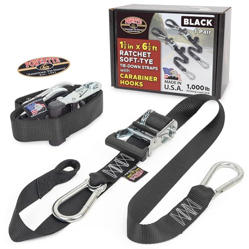 Image of PowerTye 1.5in x 6.5ft Heavy Duty Ratchet Tie-Down Straps with Soft-Tye and Carabiner Hooks - 1,000 lb Working Load Limit / 3,000 lb Breaking Strength - Made in USA - Black /Black Pair