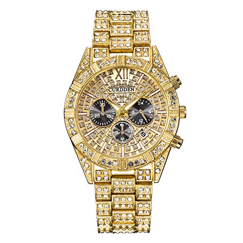 Routefuture Montre de Bling Hommes Rond Cristal Strass Montres à Diamants en Acier Inoxydable Bande de Métal Montres de Bling-Ed Out Hip Hop Cadeau