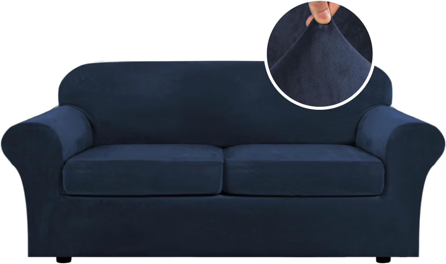 LINGKY Velvet Sofa Cover 2 Seater With 2 Separate Sofa Seat Cushion Covers, Stretch Couch Cover Non-Slip Sofa Slipcovers for Living Room Furniture Protector (Navy,Large 2 Seater)