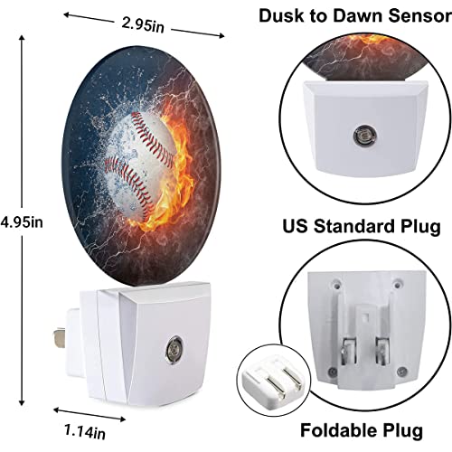 Image of Sport Night Lights Plug into Wall Baseball Ball in Fire and Water Night Light Dusk to Dawn Sensor LED Lighting for Bedroom Bathroom Living Room, 0.5W Sleep Friendly