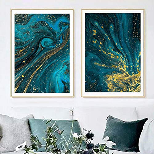 Toile abstraite bleue et dorée pour salon : le diptyque moderne idéal pour votre décor