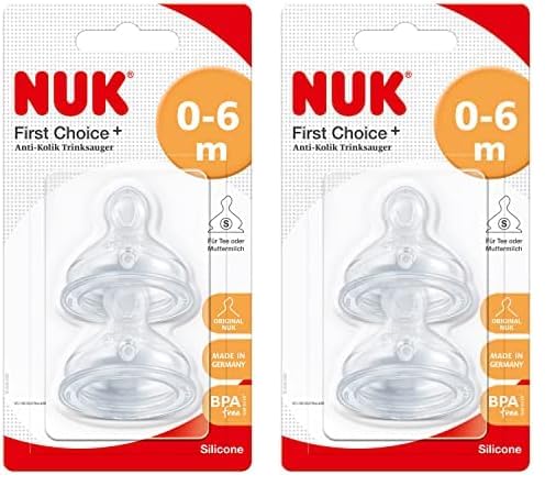 NUK First Choice+ Baby Bottle Teat, 0-6 Months, Silicone with Small Feed Hole, Anti-Colic, 2 Count (Pack of 2)