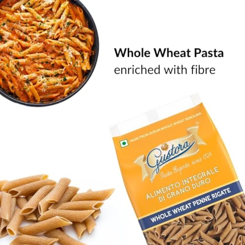 Image of GUSTORA Whole Wheat Penne Pasta 500g I Made of Whole Wheat Semolina I No Maida I Vegetarian I Rich in Protein & Fibre I Zero Cholesterol I Cooking Time 10 Min (500G)