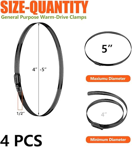 Miniatura 10 de BOTTEN Abrazaderas de manguera negras de 8 piezas, 3 pulgadas (2.559-3.504 in) 304 abrazaderas de manguera de engranaje helicoidal ajustables de