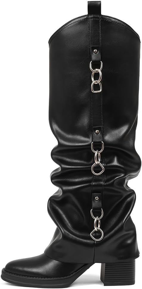 Buckle Knee High Boots Women Fall Slouchy Fold Over Tall Boots - Square Toe Hidden Zipper Motorcycle Boots
