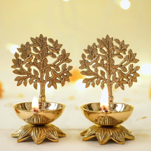 Image of Behoma 100% Pure Brass Kalpavriksha Diya for Puja - Set of 2 | Religious Deepak for Mandir, Temple, Office & Home Decoration | Handcrafted Life Tree Diya for Pooja Room & Housewarming Gift