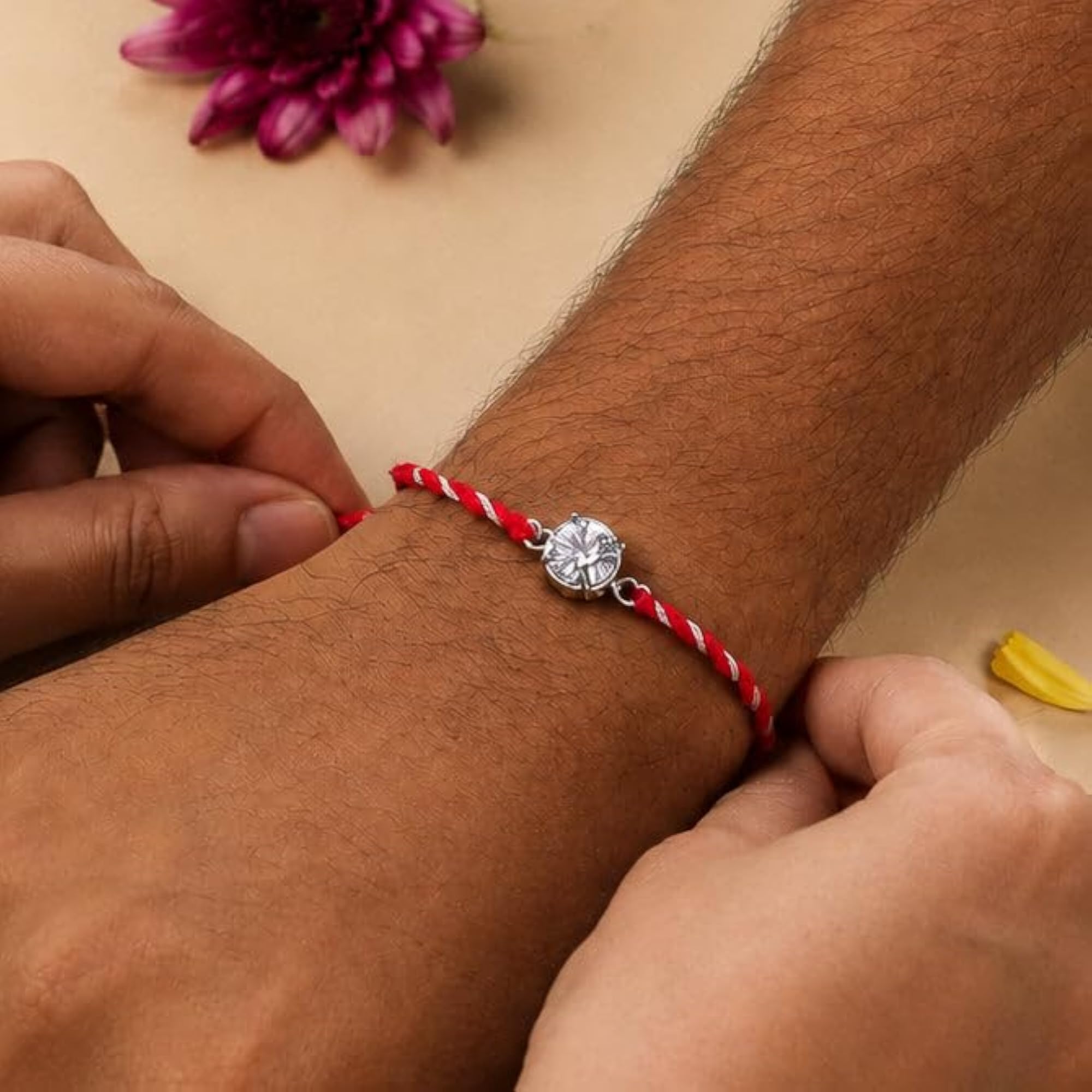 Round CZ Rakhi for Brother in 925 Sterling Silver