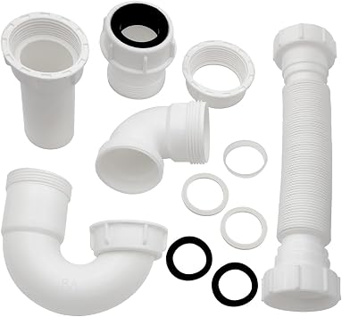 White 1 1/4" and 1-1/2" P-Trap Plumbing Kit with Threaded Adapter, J-Bend for Restroom Sink Kitchen Sink Drain Pipe, Flexible Extension Tube Drain Tailpiece