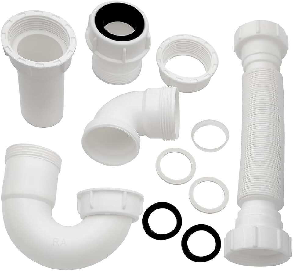 White 1 1/4" and 1-1/2" P-Trap Plumbing Kit with Threaded Adapter, J-Bend for Restroom Sink Kitchen Sink Drain Pipe, Flexible Extension Tube Drain Tailpiece