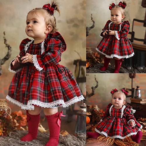 Vestido infantil de Natal para meninas de 6 meses a 4 anos, vestido de princesa xadrez de renda e ma
