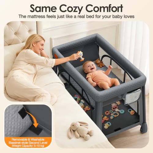 Image of UMIKU Travel Pack and Play Baby Travel Crib with Bassinet, Extra Large Foldable Portable Baby Playpen with Mattress & 2 Zipper Access, Portable Cribs Play Pen Babies Essentials Travels Bed Grey