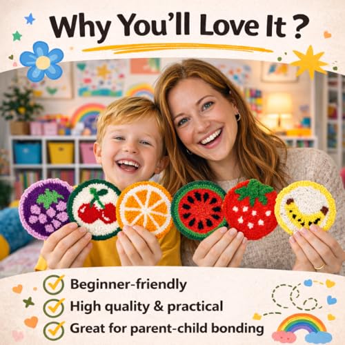 Image of Punch Needle Coaster Kit for Adults Beginners, Easy Punch Embroidery Starter Set with Instructions - Fun Mug Rug Making Kit for Table Decor & Festival DIY Gifts (6pcs Cute Fruits)