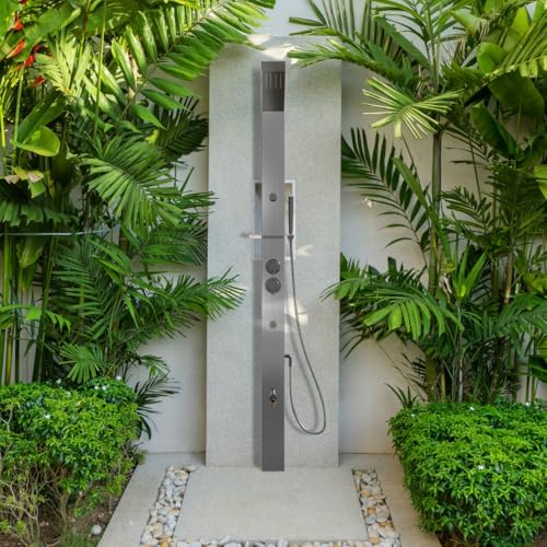 RENO 316 Marine Grade Brushed Stainless Steel Massage Outdoor Shower Panel Swimming Pool Backyard Bathroom Hot & Cold Rainfall Hand Held Wall Mounted or Free Standing Outside Shower miniatura 5