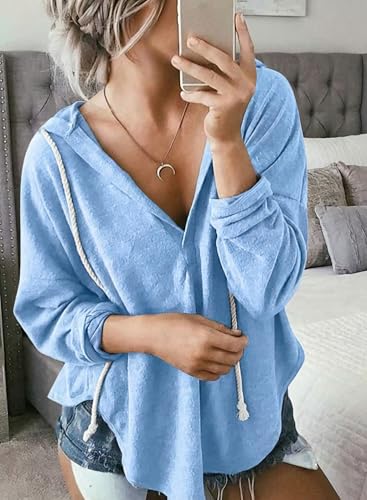 Image of Womens Long Sleeve V Neck Hoodie Sweatshirts Lightweight Pullover Tops