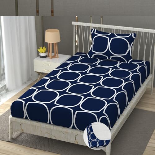 Image of Vram Premium Heavy Cotton Elastic Fitted Bedsheets with 1 King Size Pillow Covers || Single Bed with All Around Elastic 350 TC || 36 x 78 x 6 Inch Single Size Fitted || :- Blue Round