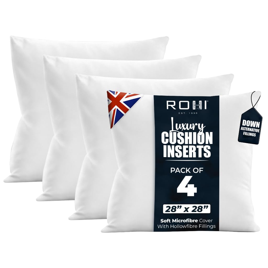 Rohi Pack of 4 Premium Microfibre Cushion Inserts 70cm x 70cm | 28x28 inch – Soft & Plump Down Alternative Filled Cushions Inner Pad – Breathable & Hypoallergenic Cushion Pads Set of 4 - White