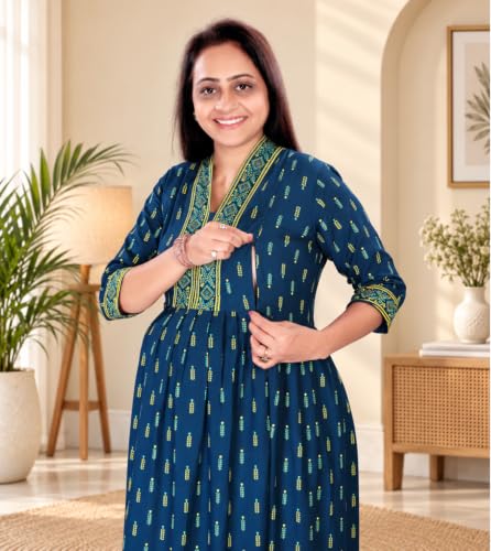 Image of Momenta Women's Pure Cotton Maternity Kurta Set | Feeding Kurti with Concealed Zippers | Maternity Dress for Pre & Post Pregnancy