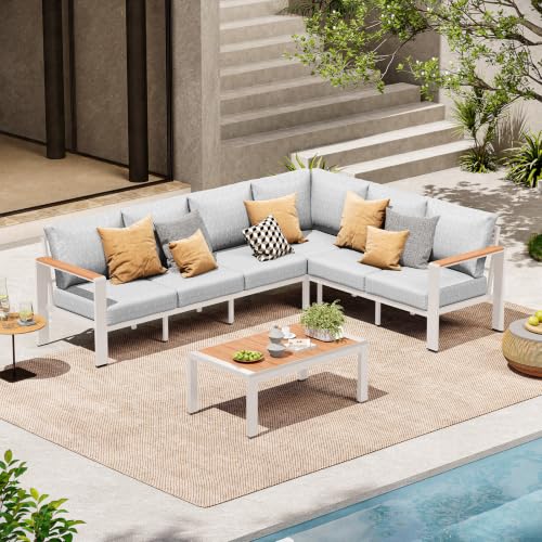 Image of Aluminum Outdoor Patio Furniture Set 6 Seats, Outdoor Sectional Corner Sofa Set, Patio Conversation Sets with Washable Cushions & Coffee Table, Patio Furniture for Backyard, Porch, White