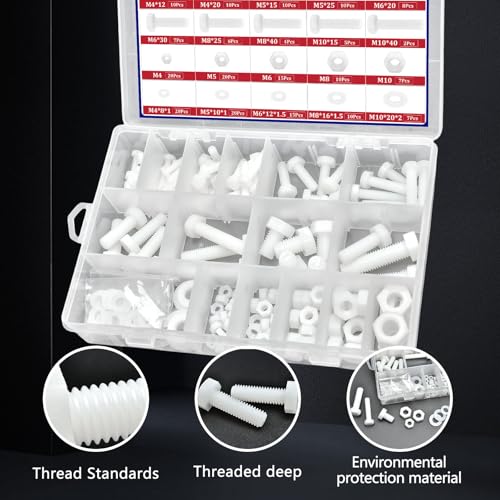 M4 M5 M6 M8 M10 White Nylon Hex Bolt Nut Washer Kit,216 Pieces Metric Thread Machine Bolts Plastic Hexagon Screw Nut Washer for Micro Controller Board Building,Insulate or Fasten PCB Board