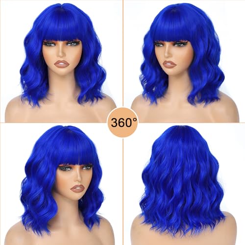 Image of AGO Blue Short Wavy Wigs with Bangs Curly Bob Wig Shoulder Length 14Inch Synthetic Hair Wig for Women Girl Heat Resistant Synthetic Colorful Wigs for Daily Party Halloween Cosplay Use(517#Blue)