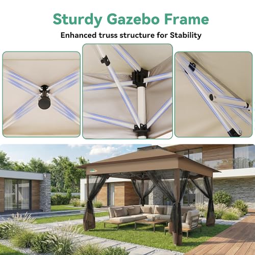 Image of COBIZI 13x13 FT Pop up Gazebo on Clearance - Outdoor pop up Canopy Tent,carpas para Patio, Shelter - Screen Tents with Portable Carry Bag, Patio Gazebos for Camping,Garden,Deck,Backyard,Brown