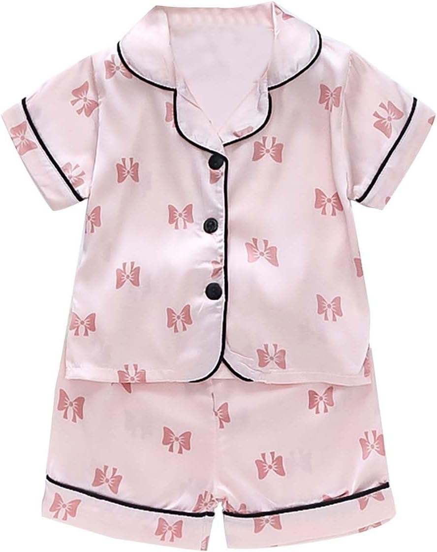 Baby Boys Girls Cute 𝐏ajamas Satin 𝐏a𝐣ama Set Short Sleeve Button Down Shirts and Shorts 𝐒ilk 𝐏𝗝s Loung𝐞wear
