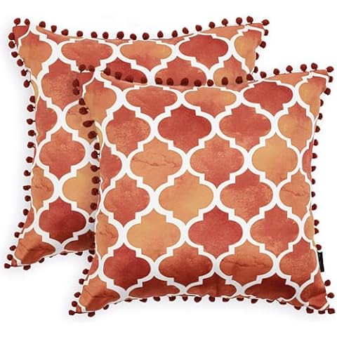 TreeWool 2 Pack Trellis Accent Decorative Soft Throw Pillow Covers Cozy Cushion Covers with Pom Poms (18 x 18 Inches, Rust) Cover
