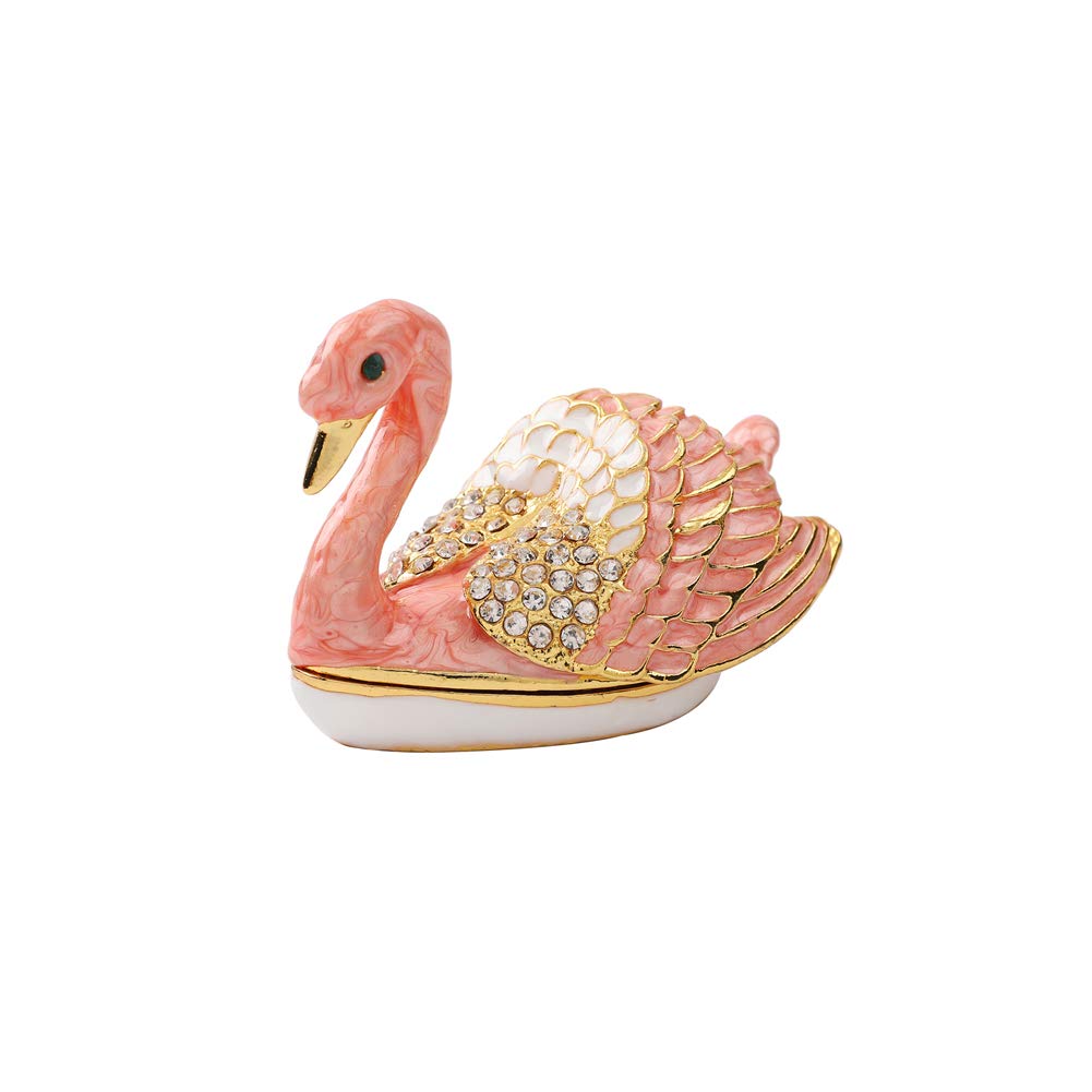 Swan Trinket Box Hinged Hand-Painted with Crystal Figurine Animal Ring Holder Ornaments Craft Gift for Home Decor (Pink)