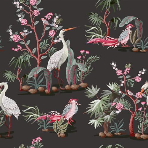 Livelynine Bird Floral Wallpaper Peel and Stick Wall Paper for Bedroom Green Botanical Pink Flower Wallpaper for Living Room White Crane Green Palm Leaves Contact Paper Self Adhesive 44.5CMx2M