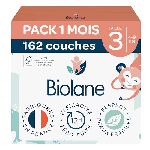 BIOLANE - Couches bébé taille 3 - (4-9 kg) - Peaux Sensibles - Ultra-Absorbant, Pas de Fuite, jusqu'à 12h au Sec - Confort & Protection - Pack 1 mois 162...