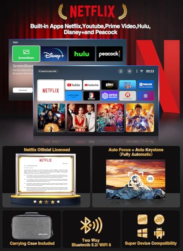 [Netflix Licensed/AI Auto Focus] Smart Projector with WiFi and Bluetooth,Dolby Audio,DBPOWER Native 1080p Projector with Apps Built-in Netflix/Hulu/Disney+/Peacock, 600ANSI Movie Projector