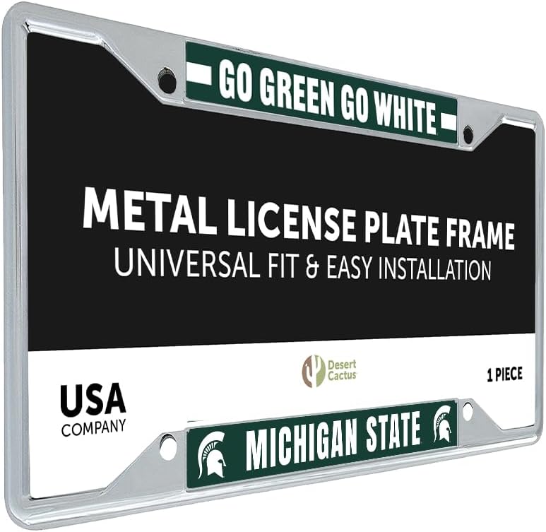 Desert Cactus Michigan State University License Plate Frame Spartans MSU Holder for Front or Back of Car Metal Car Tag Holder Officially Licensed (Slogan 2)