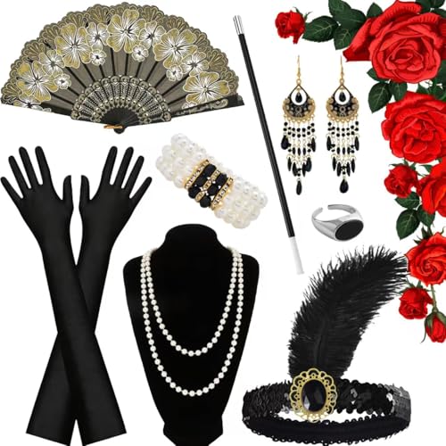 FHUZRE 8 Piezas Accesorios Años 20 Mujer Set, Complementos Disfraz Flapper Charleston Años 20 Gatsby Mujer, Collar Perlas Pendientes Negros Diadema Guantes Largo