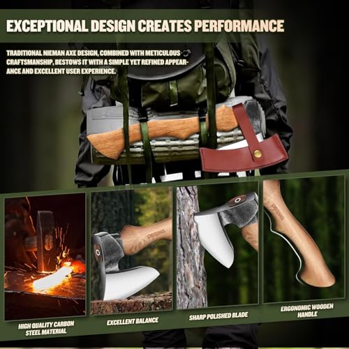DRGSKL Beil Axt Outdoor mit Scheide, 36.5cm Camping Axt aus Kohlenstoffstahl, Spaltaxt mit ergonomischem Eschenholzgriff, axt Holz spalten für Camping, Outdoor-Einsatz, Garten – Bild 6