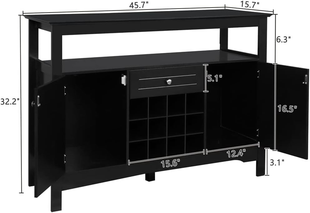 Buffet Server Sideboard Cabinet with Wine Storage with 2 Doors 1 Drawer with Wine Rack Sideboard Entrance Cabinet Black (D 117 x 41 x 82.5cm)