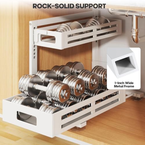 Image of 2 Pack 19IN-Depth Under Sink Organizer,Pull Out Cabinet Organizer With Smooth Cylindrical Rail,Metal Slide Out Drawer for Kitchen Bathroom Laundry,8-Level Tool Free Height Adjustable-White
