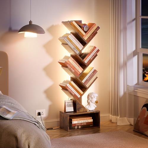 Image of Hoctieon 6 Tier Tree Bookshelf, Tall Bookcase, Freestanding Book Shelf with LED Lights, Display Floor Standing Storage Shelf, Book Organizer Shelves for Home Office, Living Room, Rustic Brown