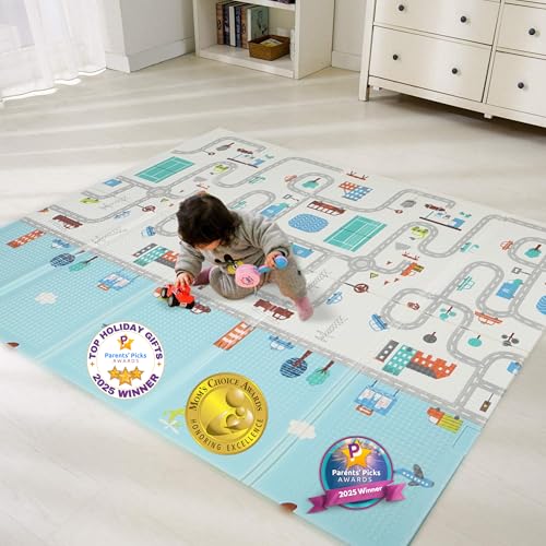 Image of Bammax Extra Large 78" x 70" x 0.4" XPE Foam Baby Play Mat with Travel Bag | Anti-Slip, Waterproof, Foldable & Reversible Padded Playmat | Baby Crawling & Kids Play Mat – Giftable Design, Cars & Fire Engine