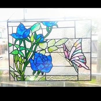 Amazon.co.jp: ステンドグラス 青い薔薇と蝶のパネル(スタンド付