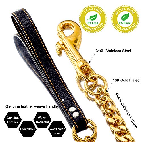 W/W Lifetime Chain Dog Leash Metal Chew Proof Leash, Leather Handle 11Mm Gold 18K 4.5Ft Heavy Duty Pet Leash Chain, With Padded Handle For Large Medium Small Dogs (Totally Length Of 4.5Ft) #TOP1