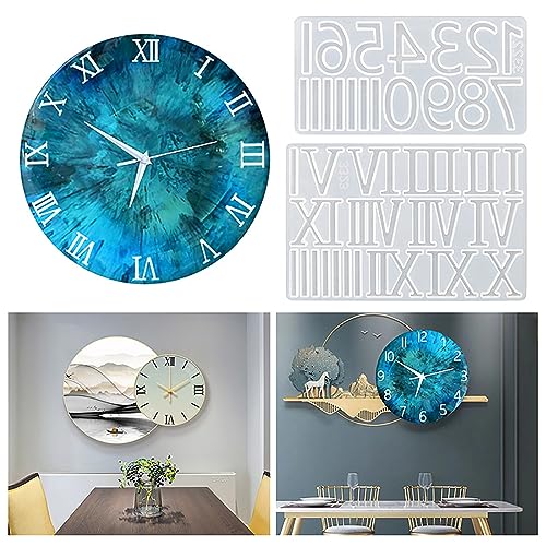 Lot de 2 moules en silicone en forme de chiffres romains et arabes pour horloge murale, résine époxy, chiffres en cristal, bijoux, pendentifs, cupcakes,...