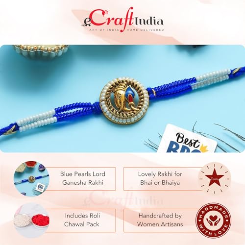 Image of eCraftIndia Pearls Lord Ganesha Rakhi for Brother Bhaiya Bhai with Best Bro Ever Fridge Magnet | Roli Chawal Pack