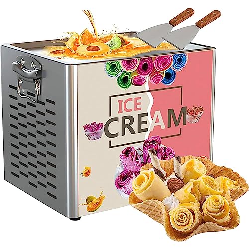 ZHJOPP Máquina para Hacer Helados enrollados comerciales de 180 W, máquina para Hacer Crema de Yogur salteado de 30x24x1,5 cm con 2 Palas, fácil